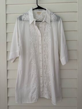 Novica | White Embroidered Cotton Tunic Beach Coverup Boho NWT